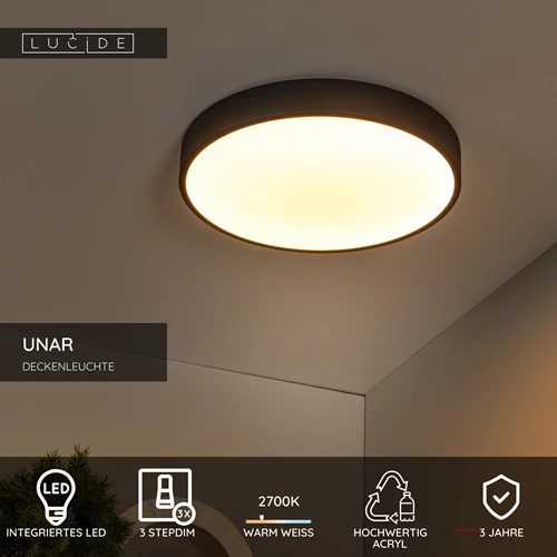 Lucide UNAR - Deckenleuchte - Ø 39,5 cm - LED 3 StepDim - 1x24W 2700K - Schwarz - USP